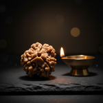 Premium 3 Mukhi Nepali Rudraksha bead with diya lamp background, natural three mukhi lines, lab certified original Nepal Rudraksha