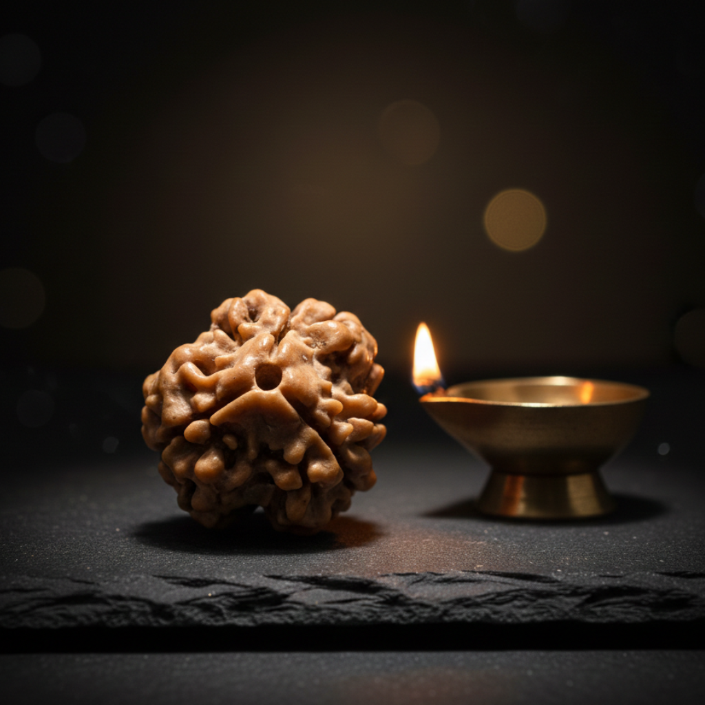 Premium 3 Mukhi Nepali Rudraksha bead with diya lamp background, natural three mukhi lines, lab certified original Nepal Rudraksha