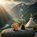 Authentic 3 Mukhi Rudraksha from Nepal displayed in serene spiritual setting, clear three-faced lines and natural textured surface