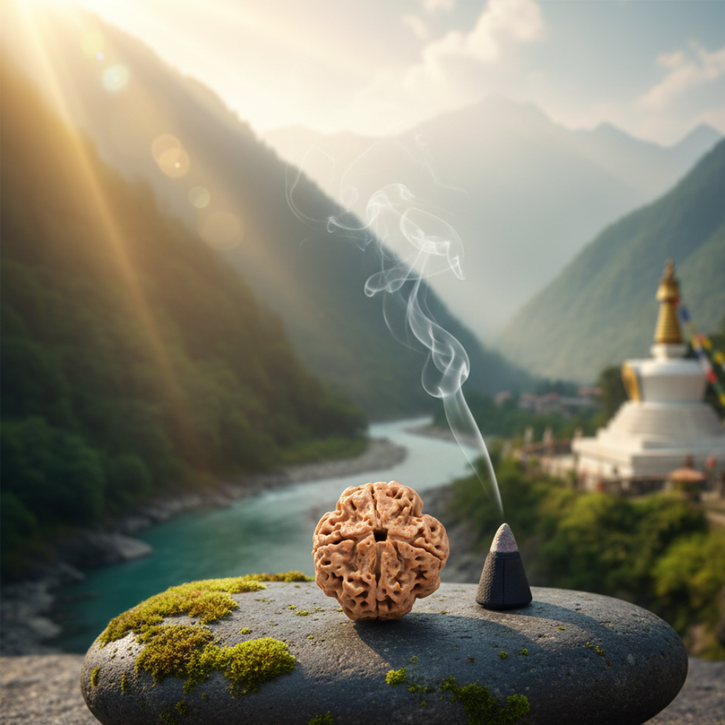 Original 4 Mukhi Rudraksha from Nepal displayed with serene temple backdrop, authentic four mukhi lines and natural texture