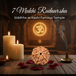 Premium 7 Mukhi Nepali Rudraksha displayed in sacred temple setting with diya and incense, natural seven-faced bead from Nepal