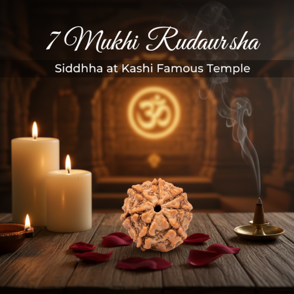 Premium 7 Mukhi Nepali Rudraksha displayed in sacred temple setting with diya and incense, natural seven-faced bead from Nepal