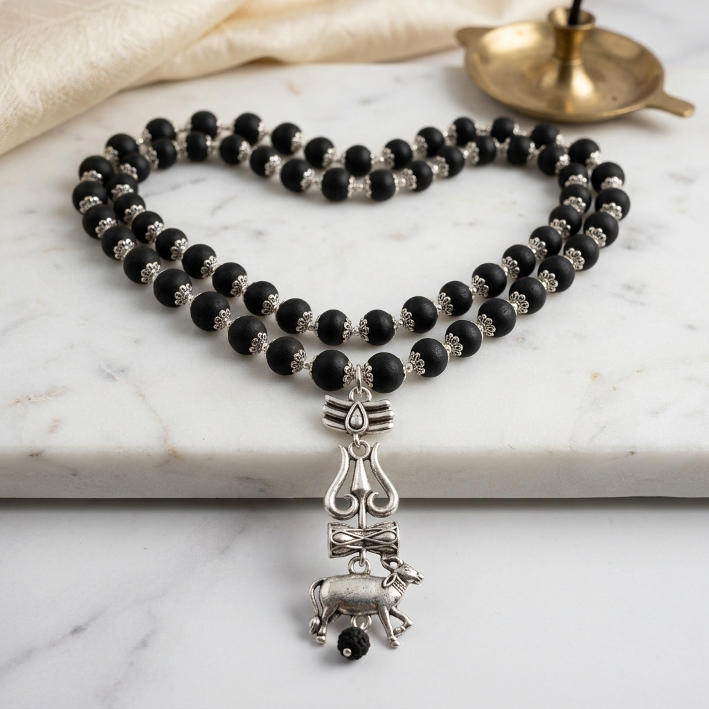 Shiv Raksha Karungali Mala with Trishul Nandi Pendant