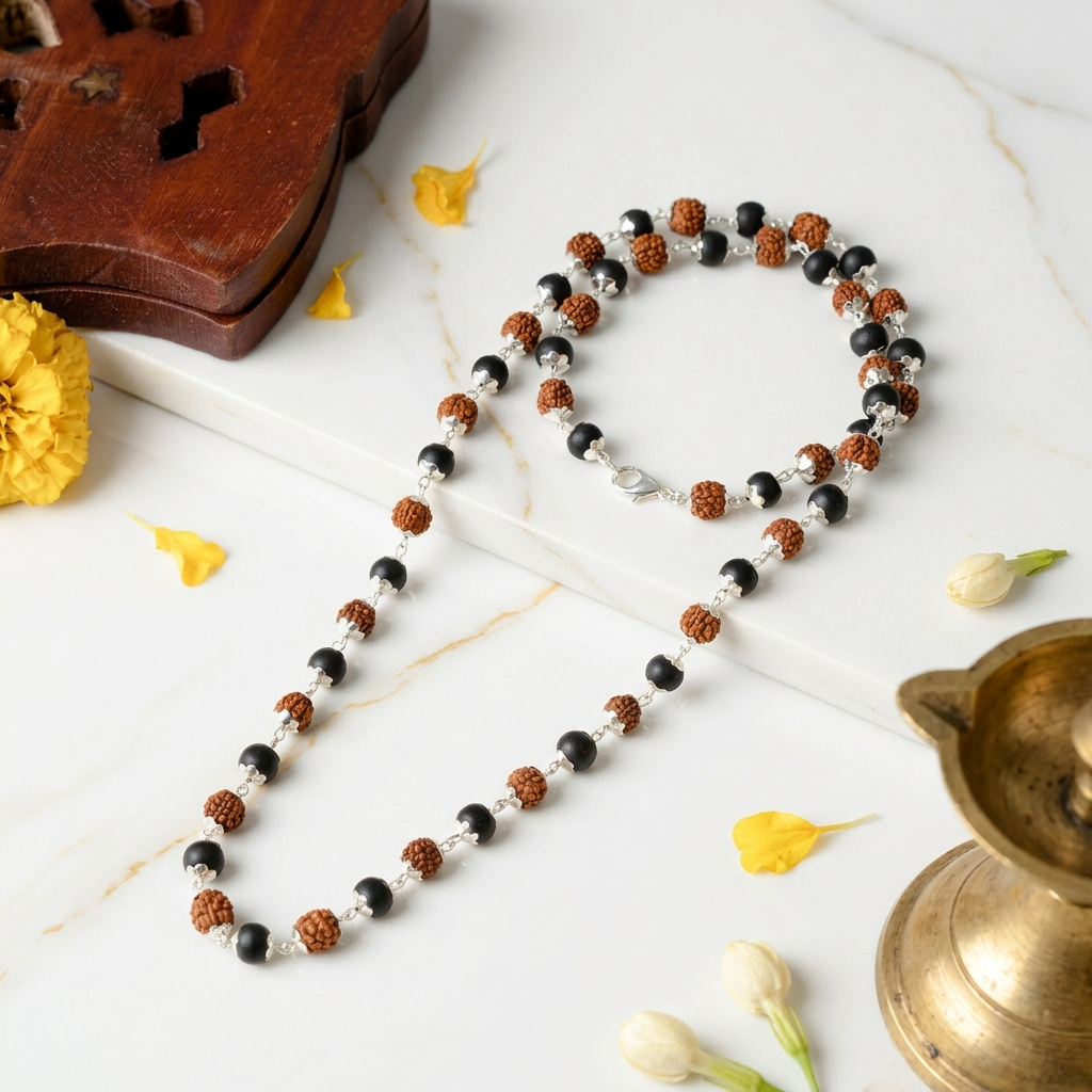 Rudraksha & Karungali Mala Silver/Golden Capping with Free Karungali Bracelet
