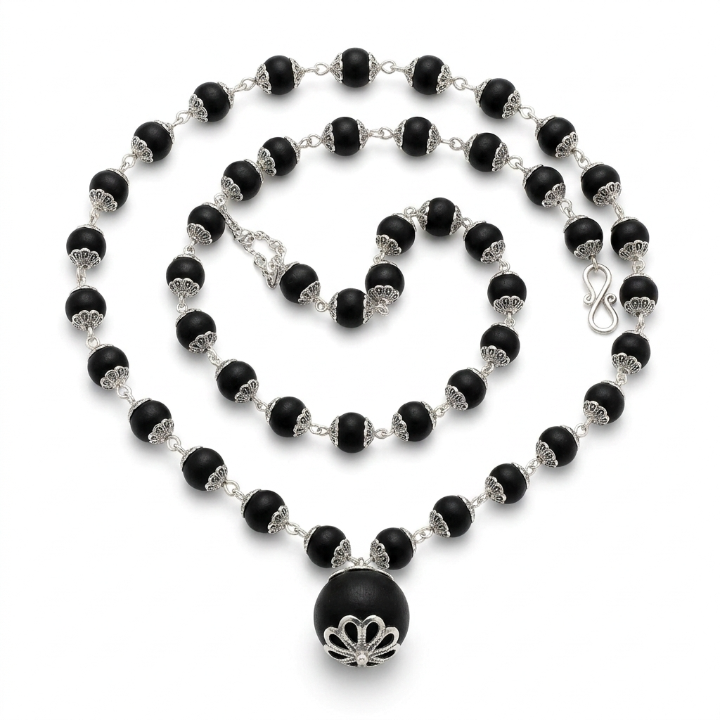 100% Natural Karungali Malai Silver Capped Karungali Malai 8 mm (54+1 Beads)