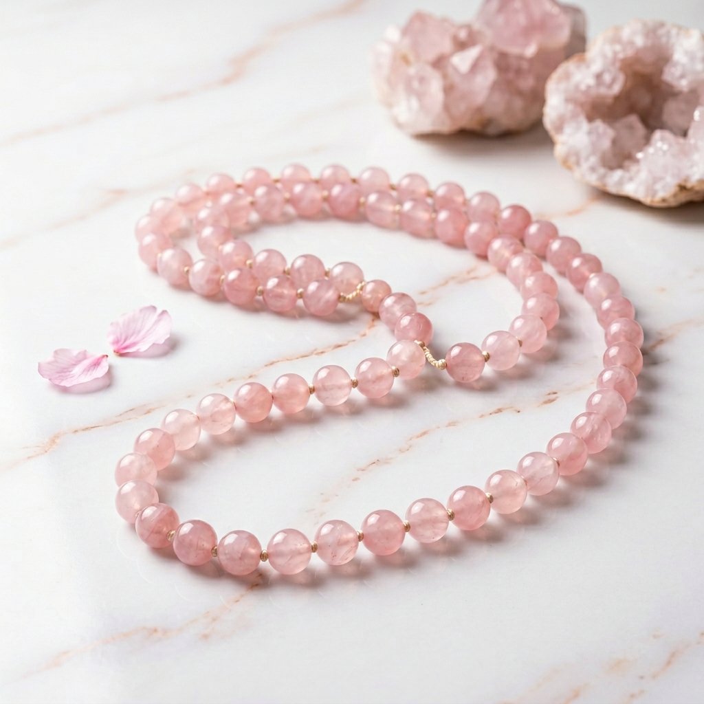 Rose Quartz Crystal Mala for Love, Healing & Emotional Balance (Handcrafted)