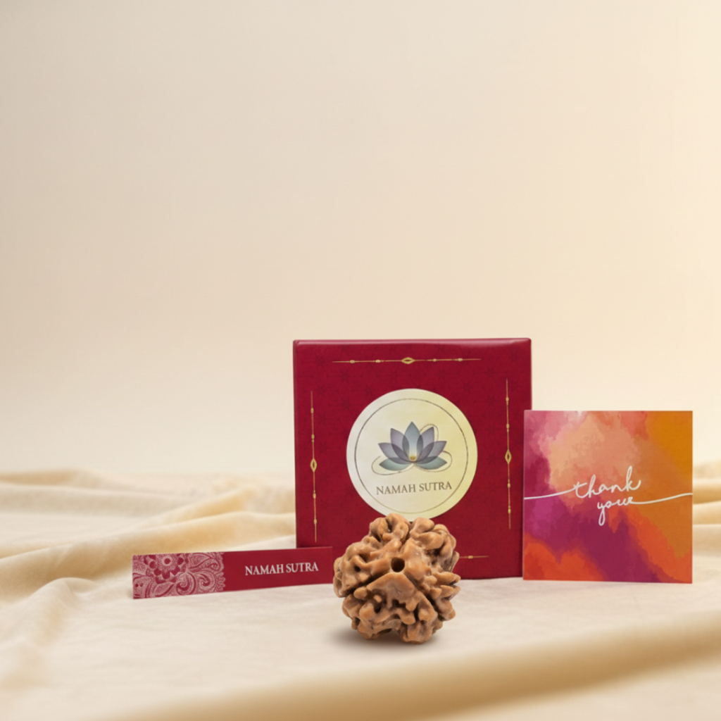 Premium 3 Mukhi Nepali Rudraksha with branded packaging display, authentic three-faced bead for meditation and spiritual wear