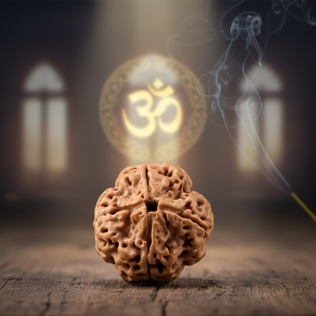 Premium 4 Mukhi Nepali Rudraksha bead with Om symbol background, natural four-faced lines, lab certified spiritual bead