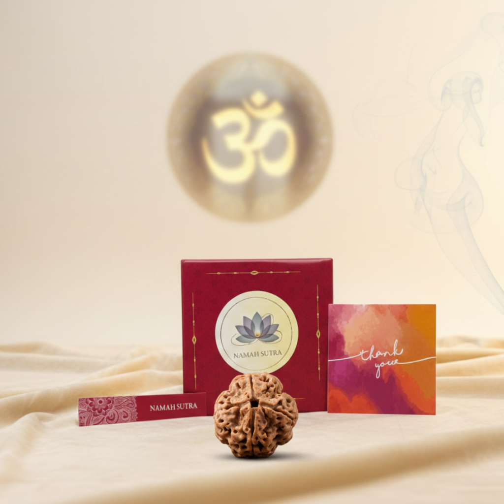 Premium 4 Mukhi Nepali Rudraksha with spiritual setting and Om symbol, original four-faced bead for meditation and knowledge