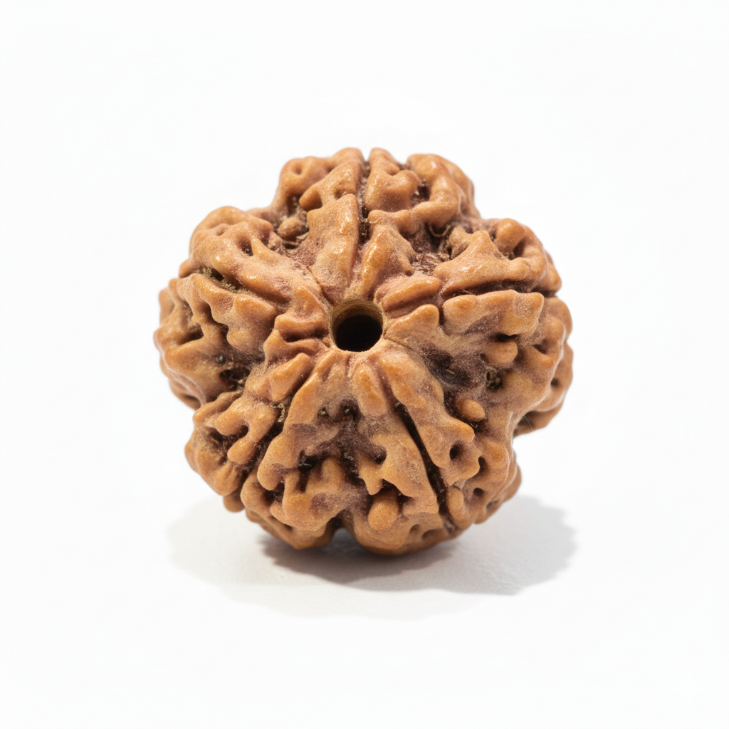 Premium 5 Mukhi Nepali Rudraksha close-up, well-defined five faces, deep grooves, and natural central hole