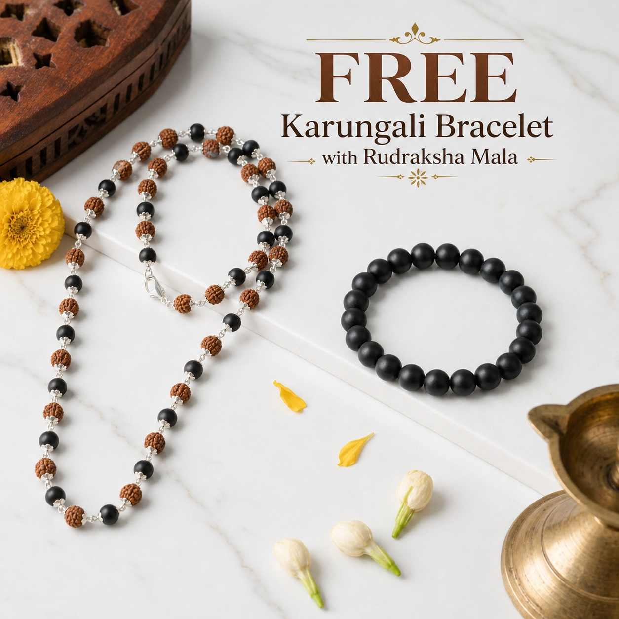 Rudraksha & Karungali Mala Silver/Golden Capping with Free Karungali Bracelet