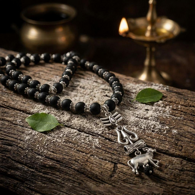 Shiv Raksha Karungali Mala with Trishul Nandi Pendant