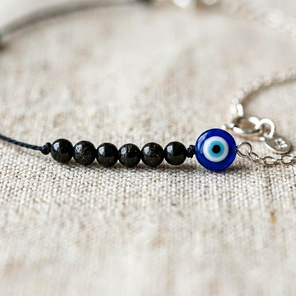 Black Tourmaline Anklet with Evil Eye Charm