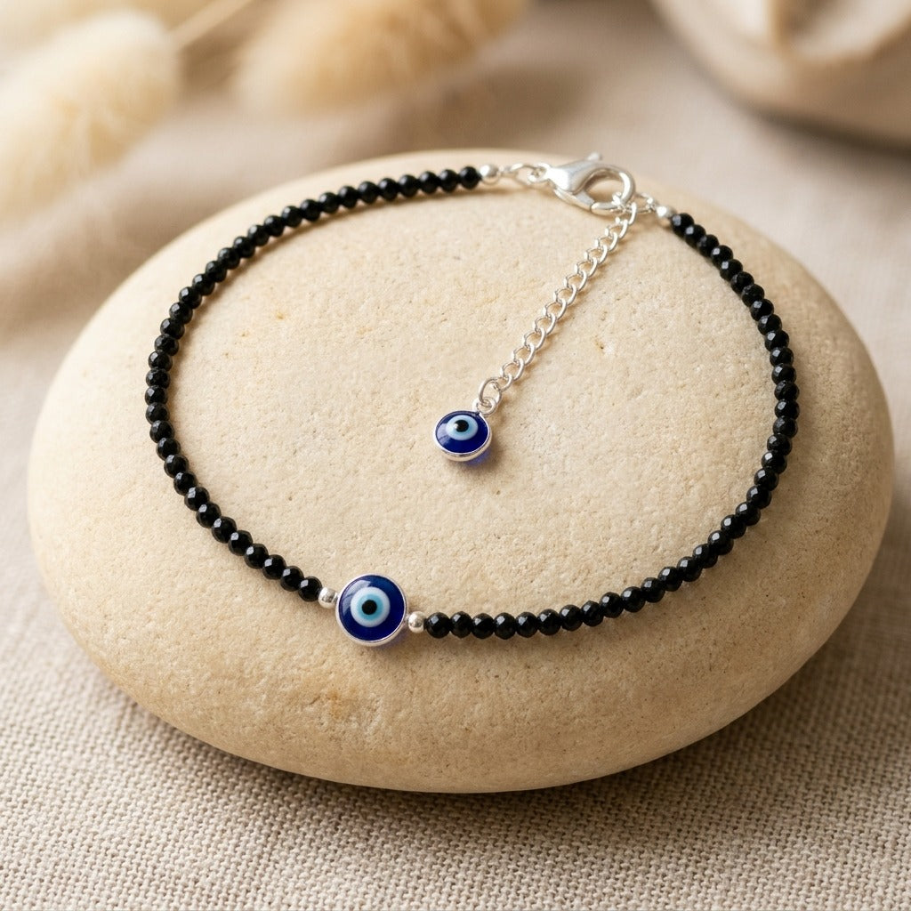 Black Tourmaline Anklet with Evil Eye Charm