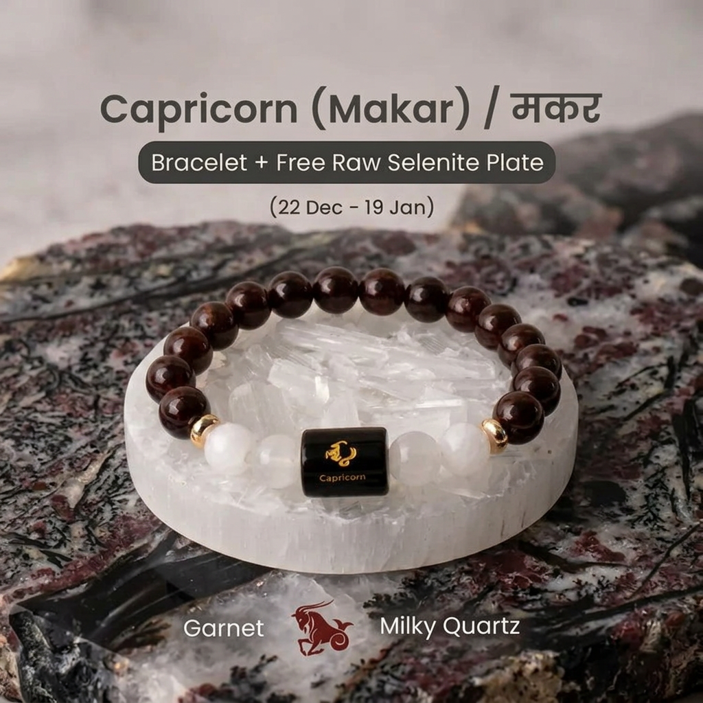 Capricorn (मकर राशि) Zodiac Garnet & Milky Quartz Bracelet